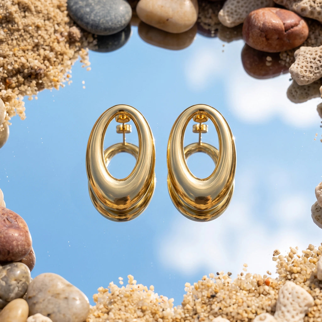 QIAOREN 14055 Polished Gold Chunky Oval Hollow Stud Earrings, Thick Tube Open Oval Hoop Ear Stud Jewelry Gift