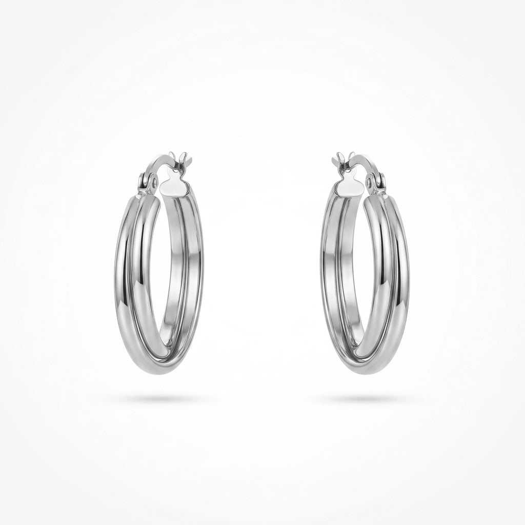 QIAOREN 12391 Trendy Double Row Hoop Earrings Gold Stainless Steel Layered Illusion Twin Band Parallel Large Hoops Women US EU