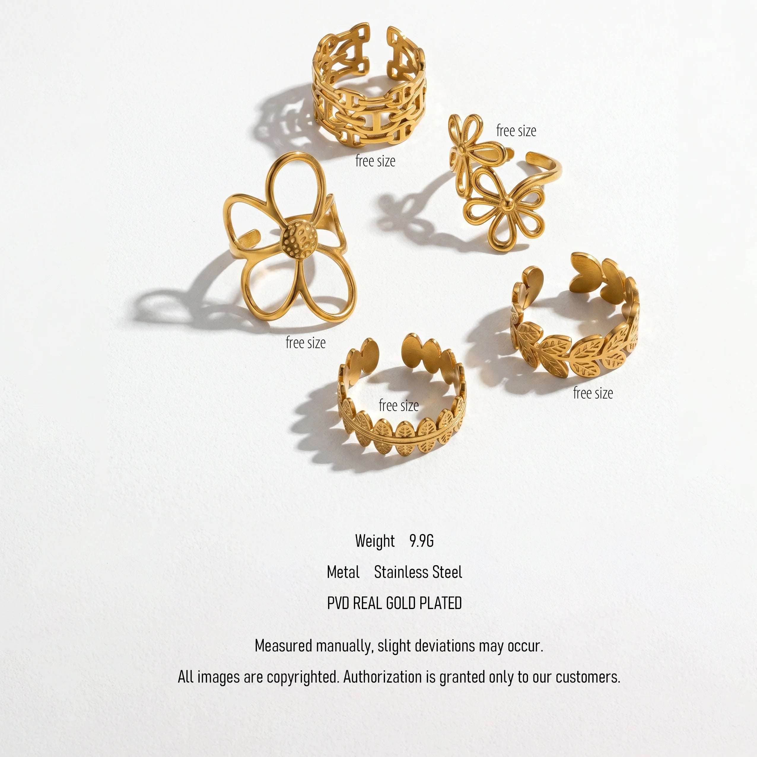 QIAOREN Stainless Steel PVD Gold Adjustable Open Rings Mixed Flower Leaf Geometric Hollow Stack Finger Jewelry For Women