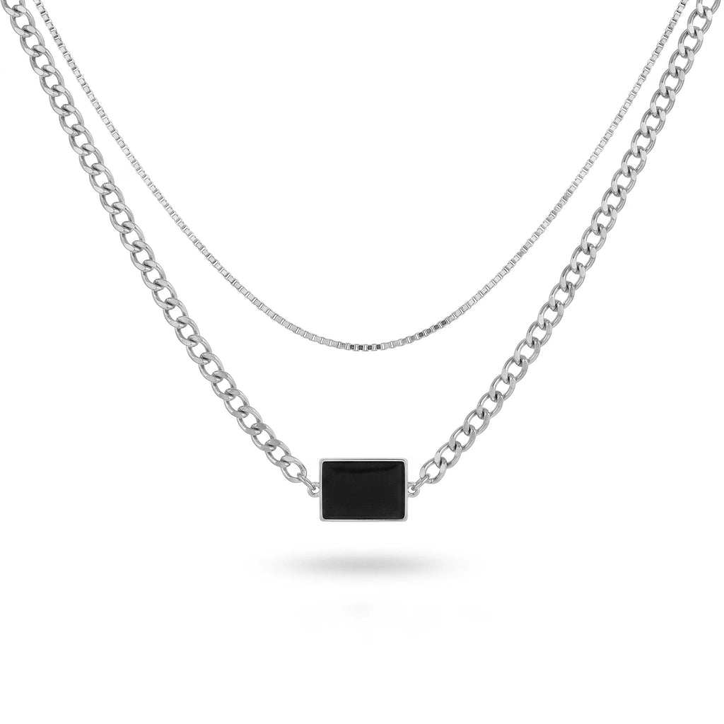 QIAOREN 11778 Minimalist Dual Layer Black Rectangular Pendant Necklace Gold Stainless Steel Curb Box Chain Jewelry for Western