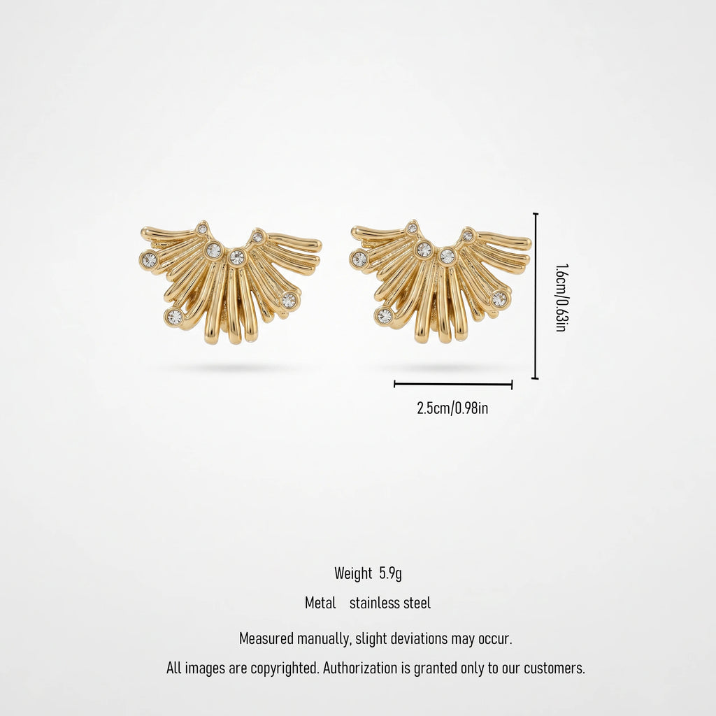 QIAOREN 12265  Waterproof Tarnish Free Sunburst Arch Earrings Gold Stainless Steel Dotted CZ Ribbed Fringe Studs Jewelry EU US