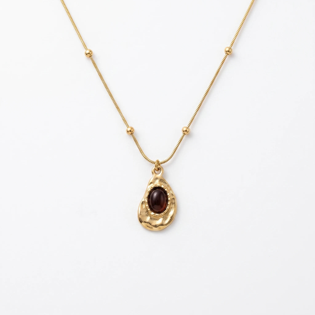 QIAOREN 13551 Stainless Steel Teardrop Pendant Necklace Gold Beaded Chain Black Stone Charm Vintage Jewelry for Women