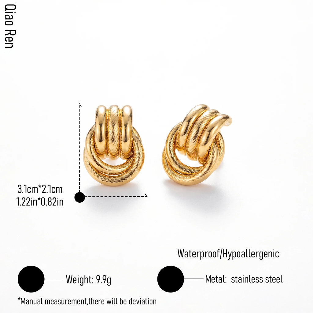 QIAOREN 14534 Waterproof Stainless Steel Stud Earrings Twisted Triple Ring Statement Earrings Hypoallergenic Jewelry Women
