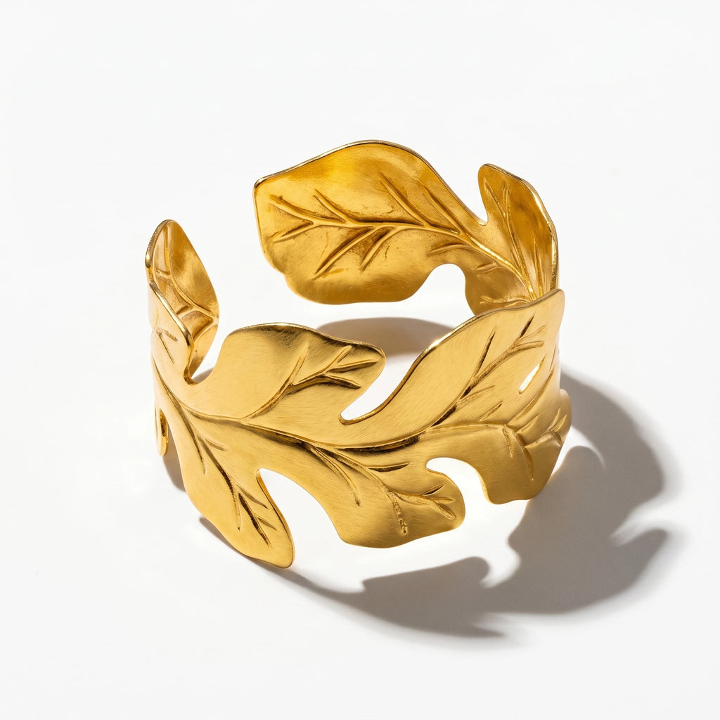 QIAOREN 18K Gold Polished Interconnected 3D Oak Leaf Wide Open Cuff Bracelet Stainless Steel Adjustable Stackable Autumn