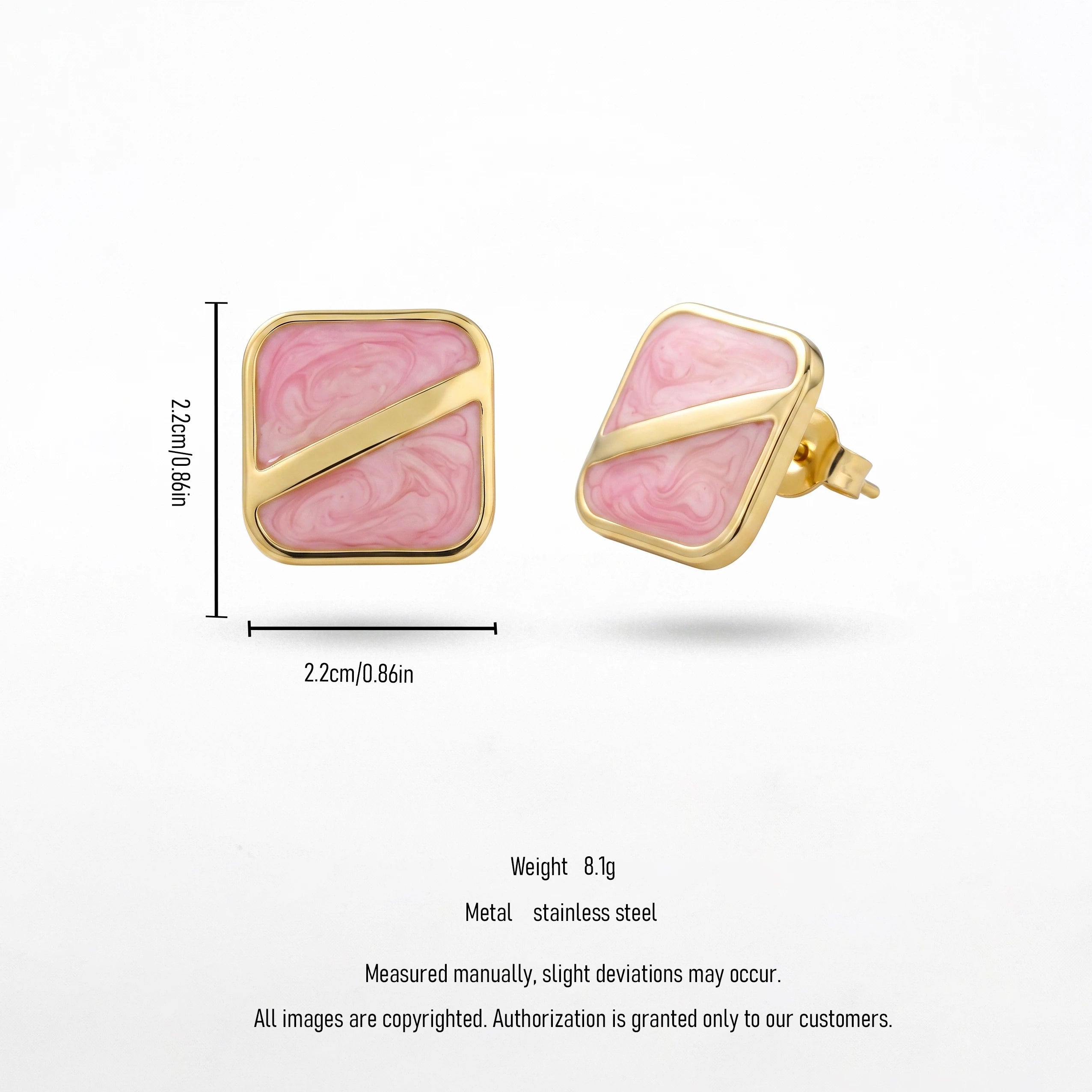 QIAOREN 13642-46 Geometric Square Marble Resin Stud Earring Set, Diagonal Gold Line Gloss Inlay Gold Frame