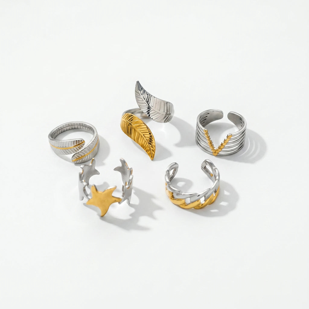 QIAOREN 12964-67 Gold Plated Stainless Steel Two Tone Snake Star Adjustable Rings Set Tarnish Free Waterproof Jewelry