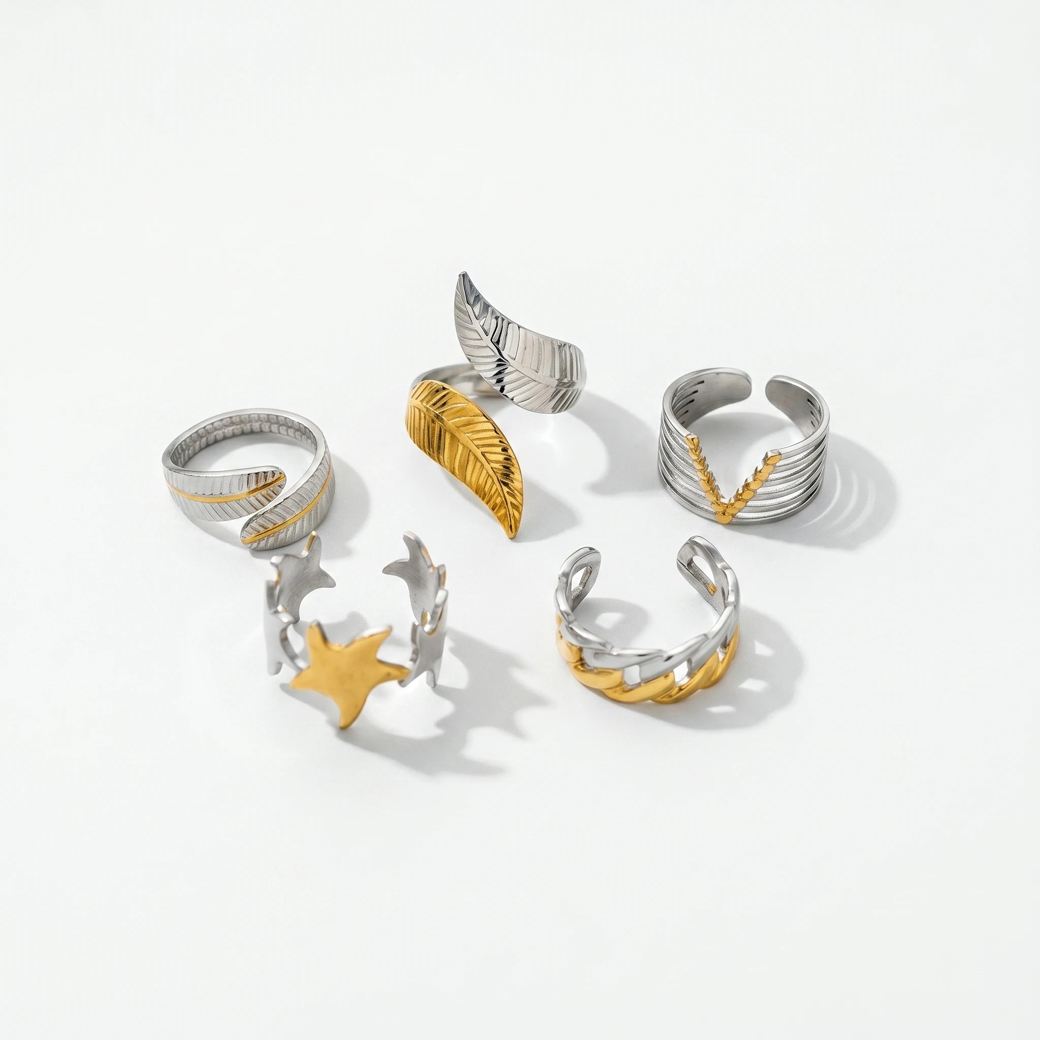 QIAOREN 12964-67 Gold Plated Stainless Steel Two Tone Snake Star Adjustable Rings Set Tarnish Free Waterproof Jewelry