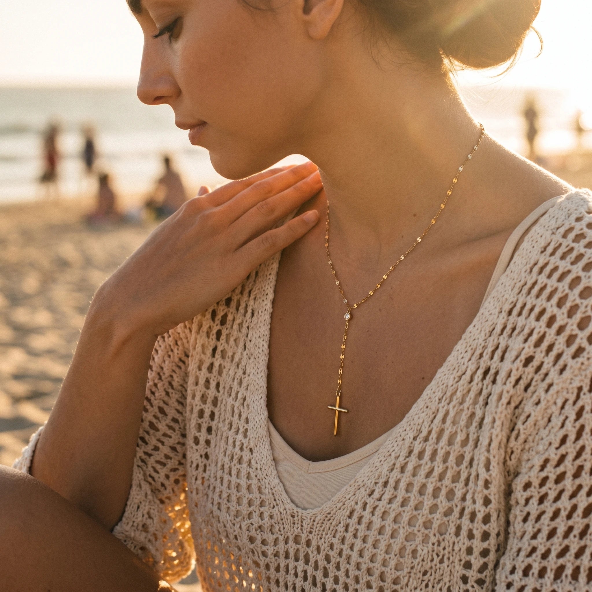 QIAOREN 11312 Waterproof 18K Gold Plated Cross Lariat Necklace Stainless Steel Beach Sunset Faith Jewelry for Women