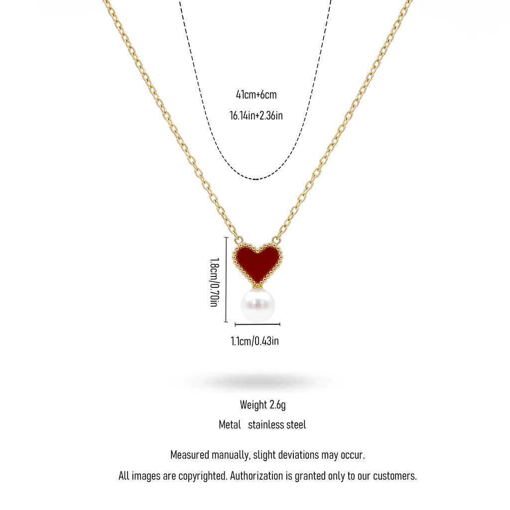 QIAOREN 13751 Thin Oval Link Chain Pendant Necklace with Beaded Border Red Enamel Heart Charm Hanging Single White Pearl