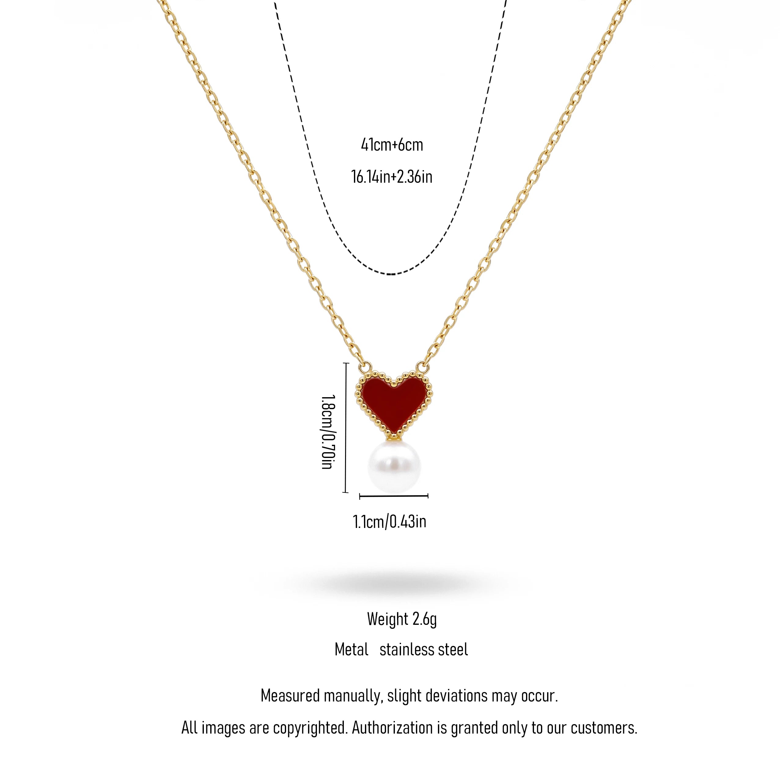 QIAOREN 13751 Thin Oval Link Chain Pendant Necklace with Beaded Border Red Enamel Heart Charm Hanging Single White Pearl