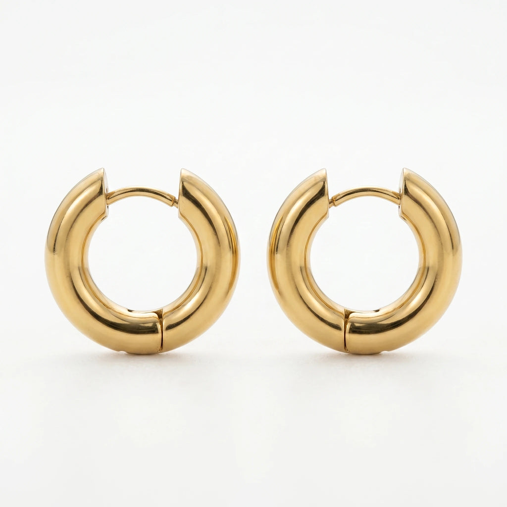 QIAOREN 12502In Stock Tarnish Free Waterproof Chunky Gold Hoops Stainless Steel Puffy Thick Round Earrings Latchback Hoops Women