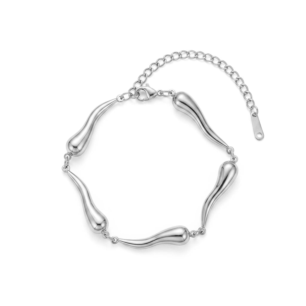 QIAOREN 12027  Gold Plated Stainless Steel Teardrop Tube Link Bracelet Polished Curved Bead Chain Adjustable Extension Jewelry