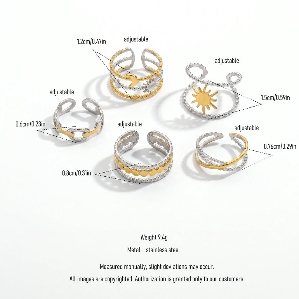 QIAOREN 13036-40 Gold Silver Plated Adjustable Open Stack Ring Set for Women Minimalist Geometric Statement Rings