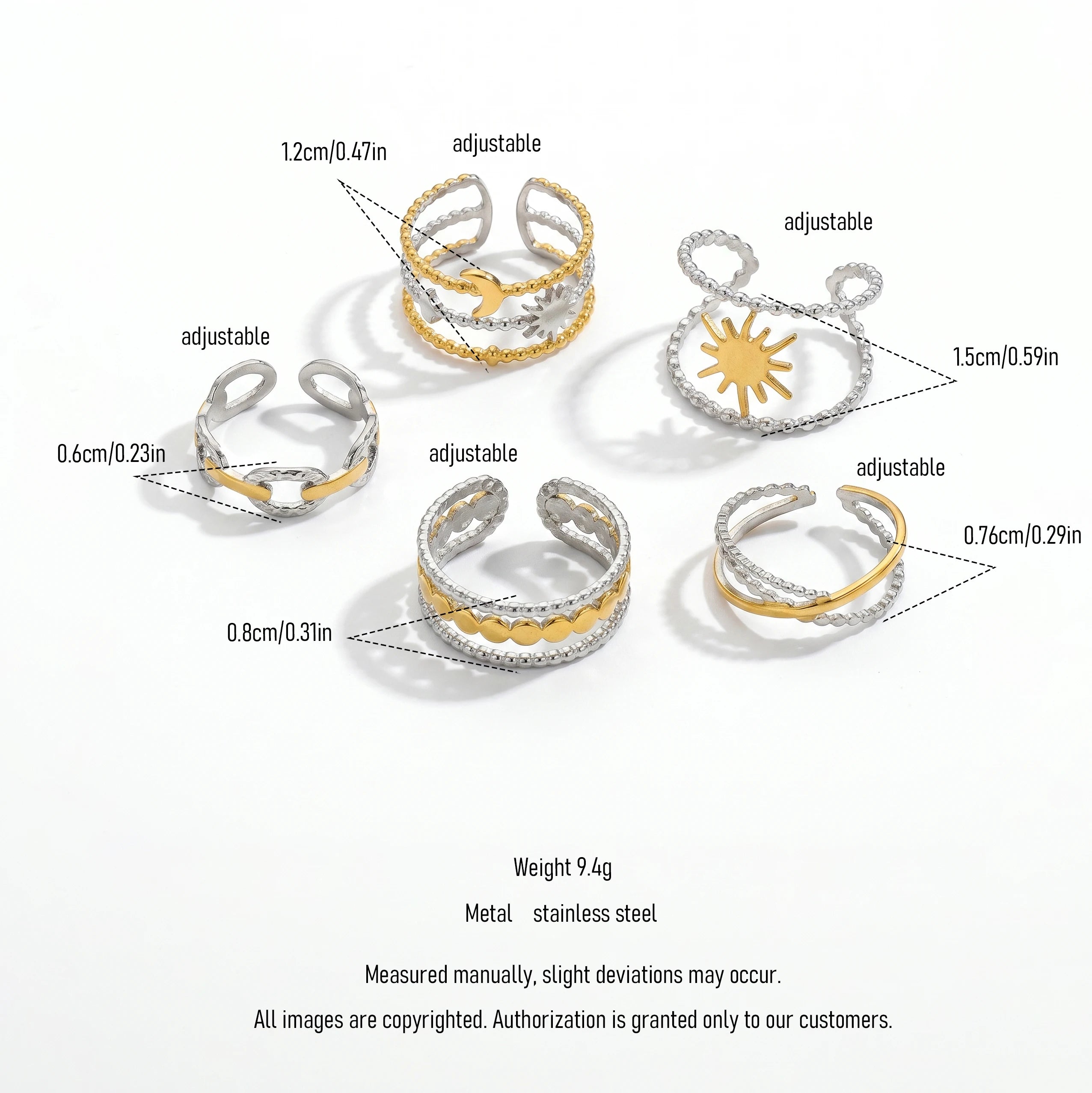 QIAOREN 13036-40 Gold Silver Plated Adjustable Open Stack Ring Set for Women Minimalist Geometric Statement Rings