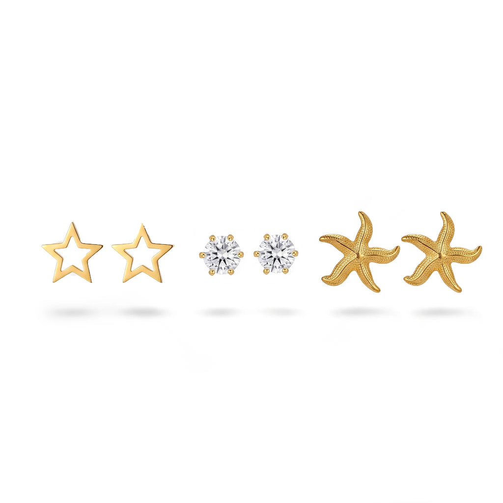 QIAOREN 13253 3 PCS Set 18K Gold Plated Stainless Steel 3 Pairs Star  & CZ Stud Earrings Set Hollow Solid Sea Shell Zircon