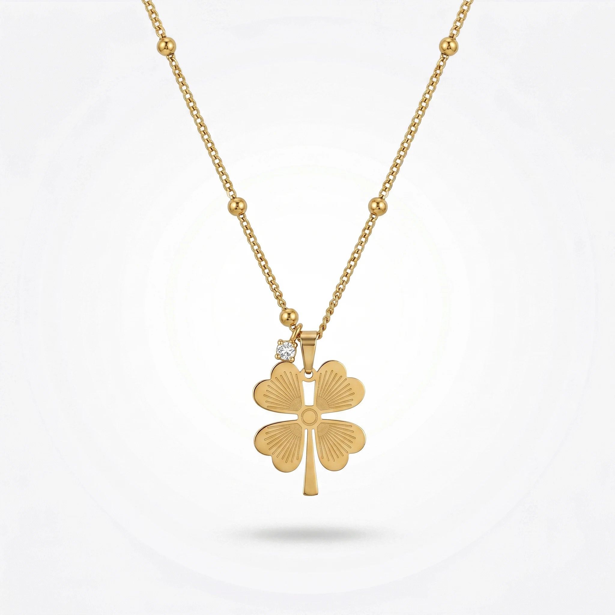 QIAOREN 12896 18K Gold Plated Four Leaf Clover Necklace, Waterproof Tarnish Free Stainless Steel Lucky Clover Satellite Chain