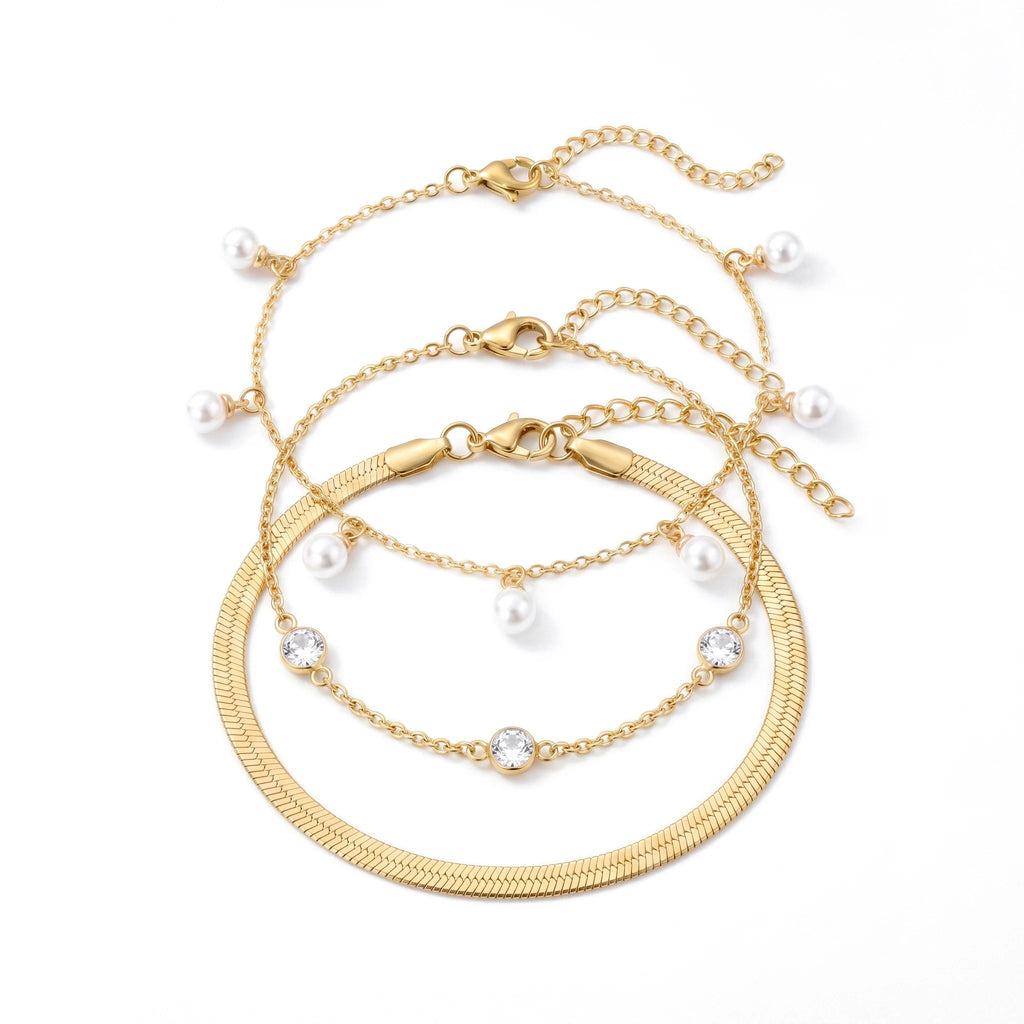QIAOREN 11880 18K Gold Plated Stainless Steel Hypoallergenic 3Pcs Stackable Bracelet Set Pearl Herringbone CZ Chain Bracelets