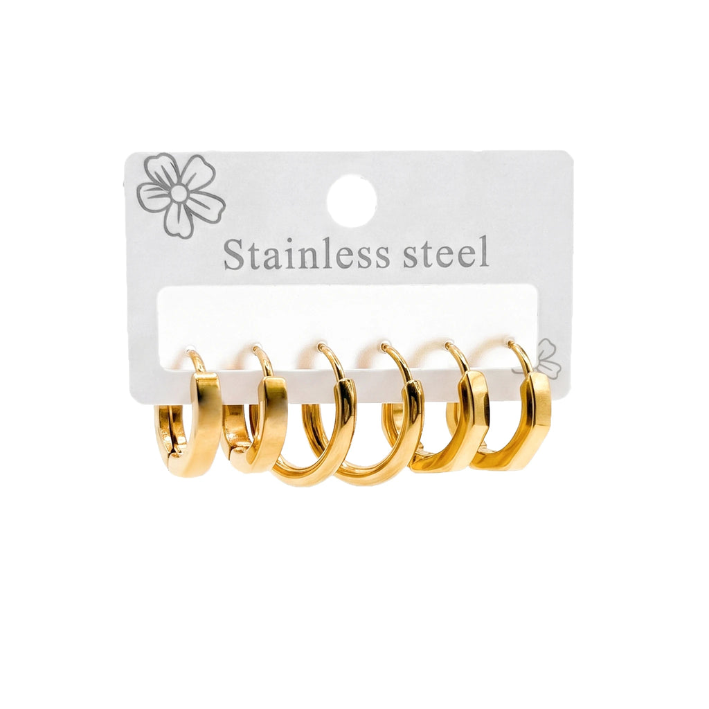 QIAOREN 14457 3 Pair Gold Stainless Steel Polygon Huggie Hoop Earrings, Beveled Multi Sided Small Hoops for Women Daily Jewelry