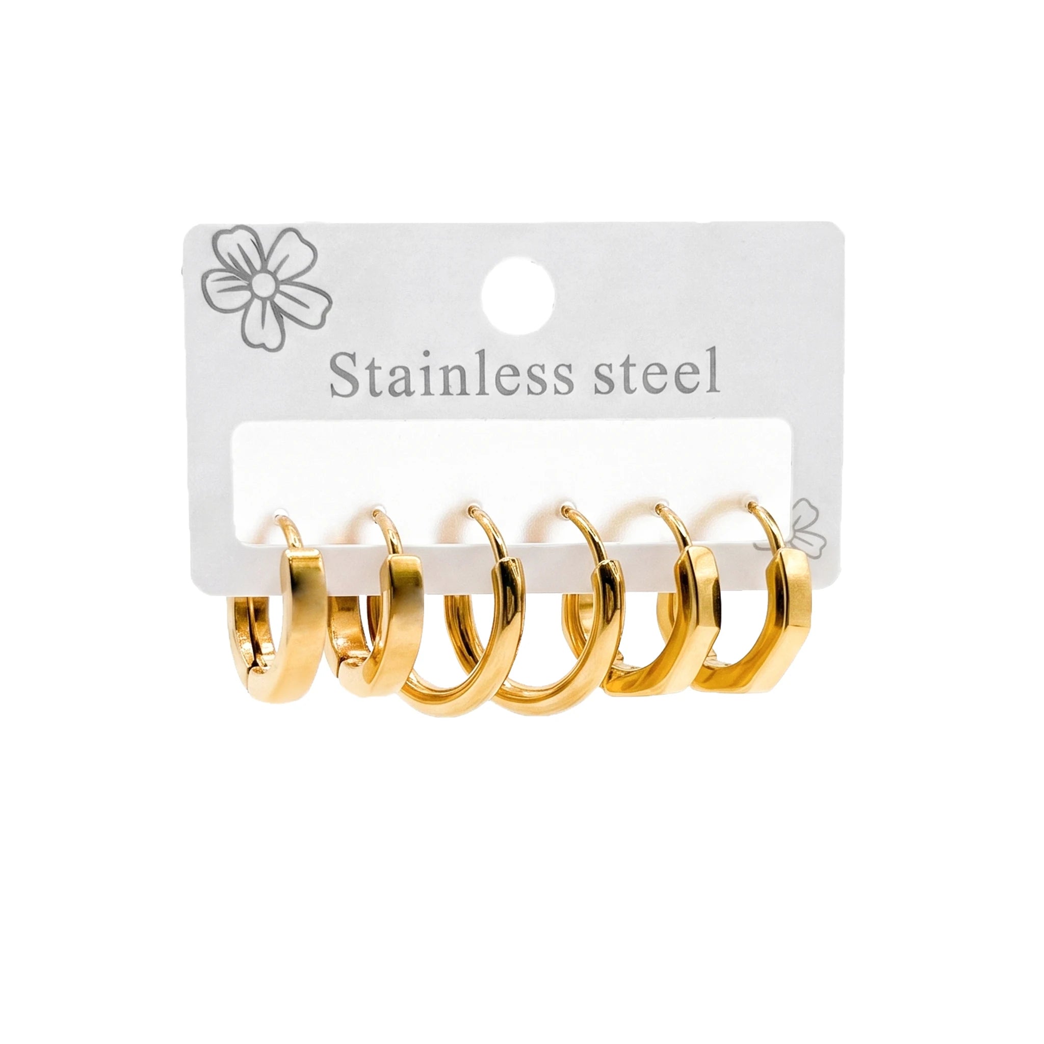QIAOREN 14457 3 Pair Gold Stainless Steel Polygon Huggie Hoop Earrings, Beveled Multi Sided Small Hoops for Women Daily Jewelry