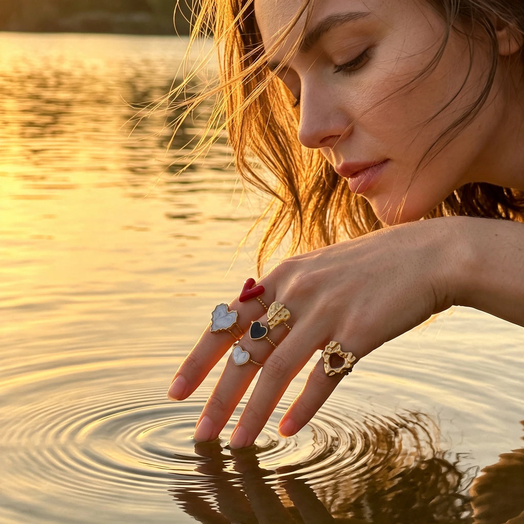 QIAOREN 14158-64 Multi-Color Enamel Heart Ring Set, Irregular Textured Love Shape Adjustable Ring Jewelry Gift for Daily Outfits