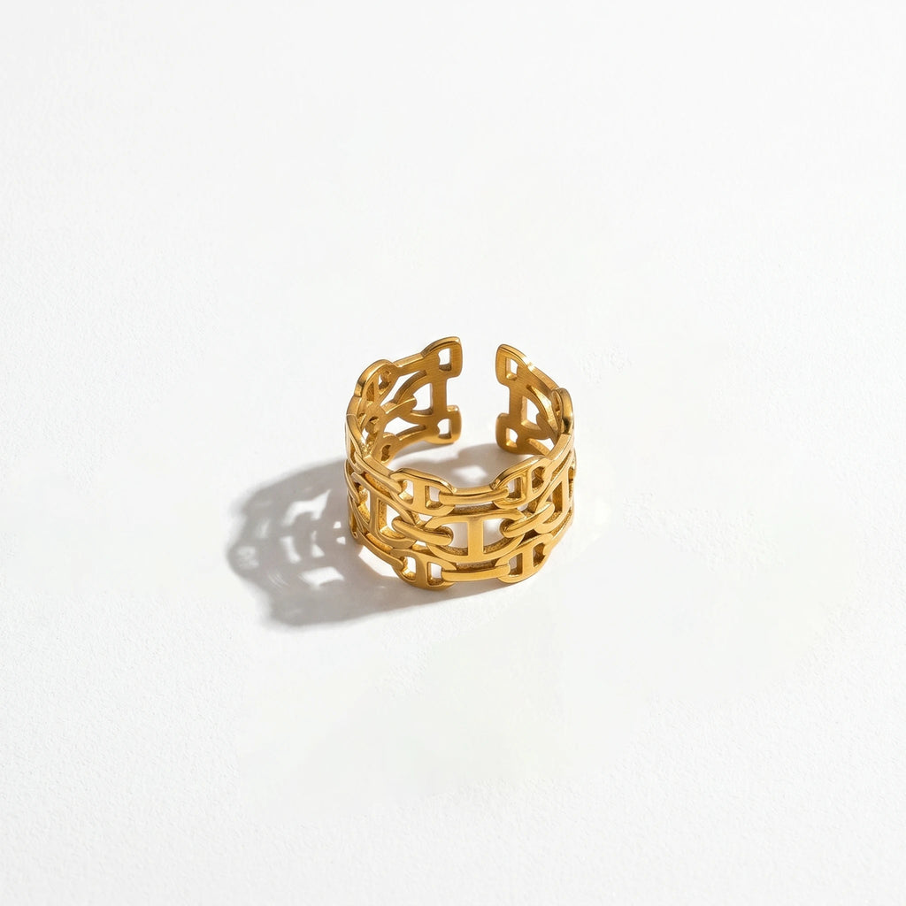 QIAOREN Stainless Steel PVD Gold Adjustable Open Rings Mixed Flower Leaf Geometric Hollow Stack Finger Jewelry For Women