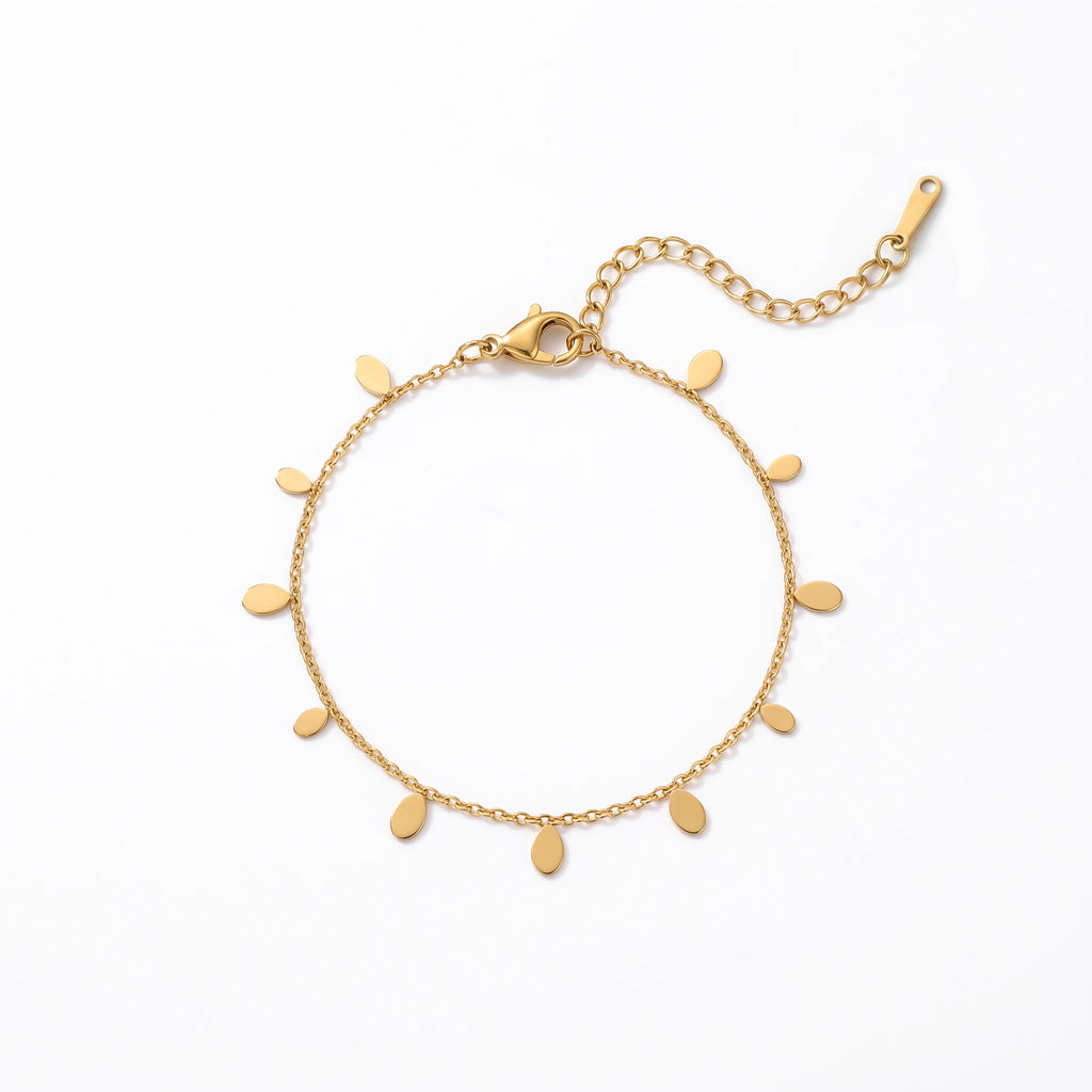 QIAOREN 13365 Gold Plated Stainless Steel Sunburst Disc Charm Bracelet Dainty Minimalist Layering Bracelet for Women