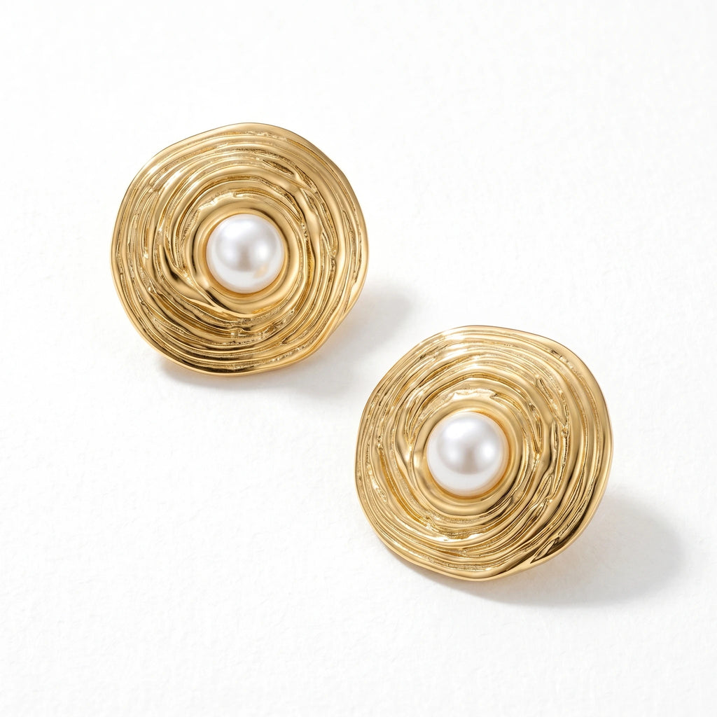 QIAOREN 10935 Retro Spiral Stud Earrings 18K Gold Plated Stainless Steel Geometric Design Party Jewelry
