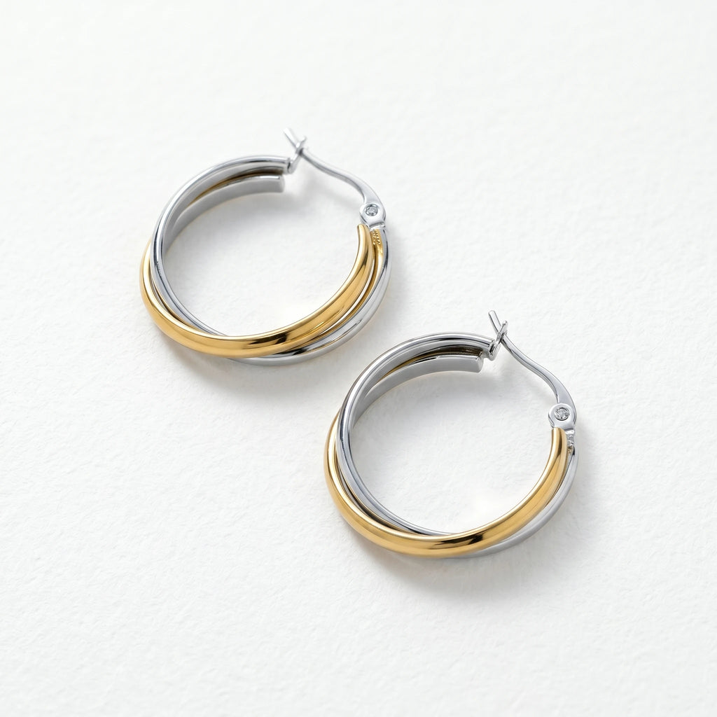 QIAOREN 12399Interlocking Crossover Hoop Earrings Gold Silver Two Tone Overlapping Double Band Stainless Steel Large Hoops US EU