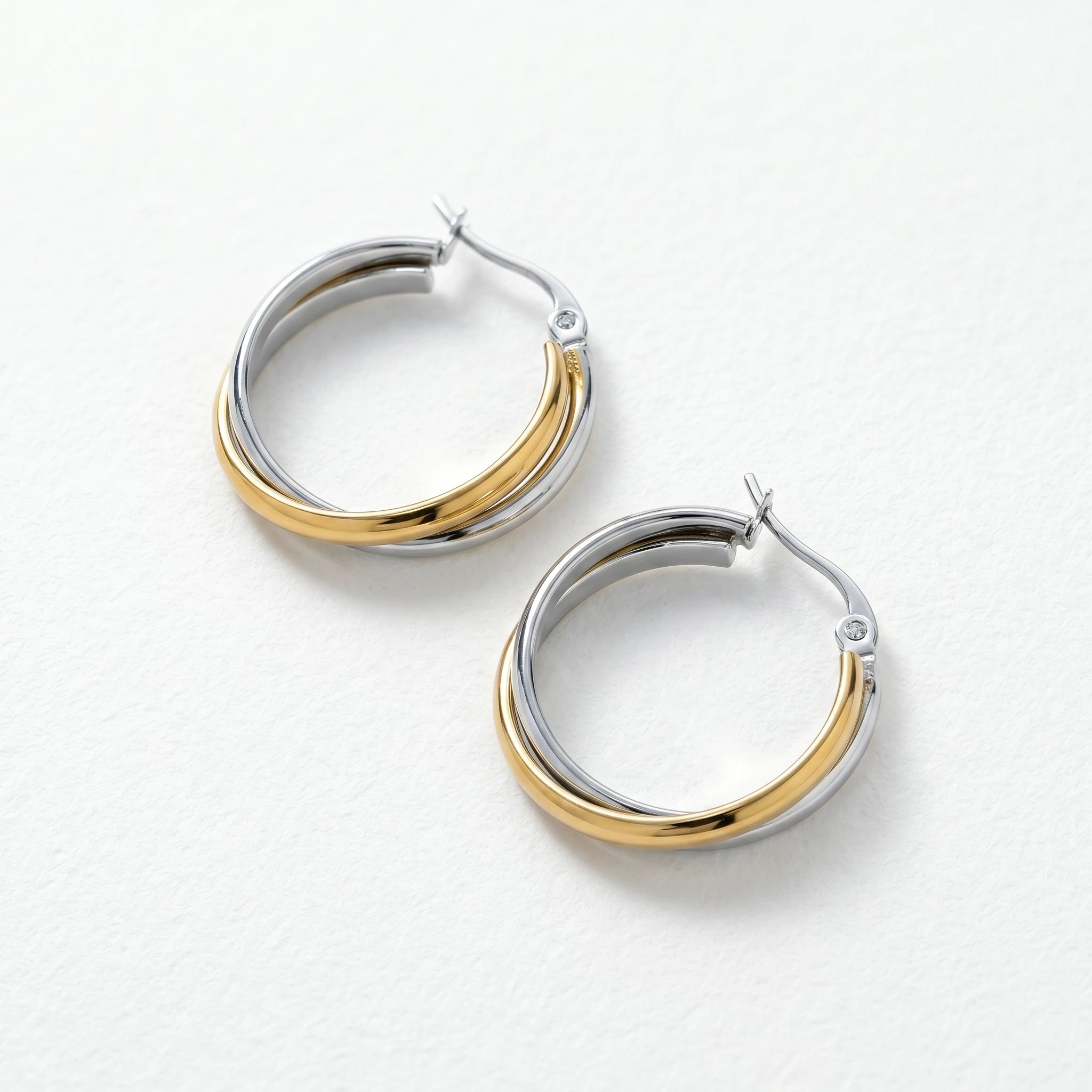 QIAOREN 12399Interlocking Crossover Hoop Earrings Gold Silver Two Tone Overlapping Double Band Stainless Steel Large Hoops US EU