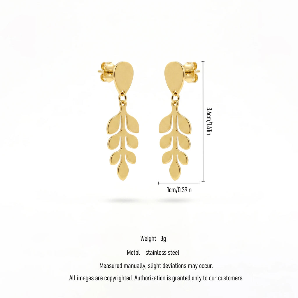QIAOREN 11868 Elegant Gold Leaf Vine Drop Earrings Stainless Steel Dainty Branch Dangle Earrings Minimalist Nature Jewelry Women