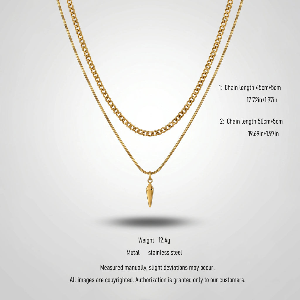 QIAOREN 10794 Layered Chain Spike Pendant Necklace 18K Gold Plated Stainless Steel Waterproof Non-Tarnish Unisex Gift Jewelry