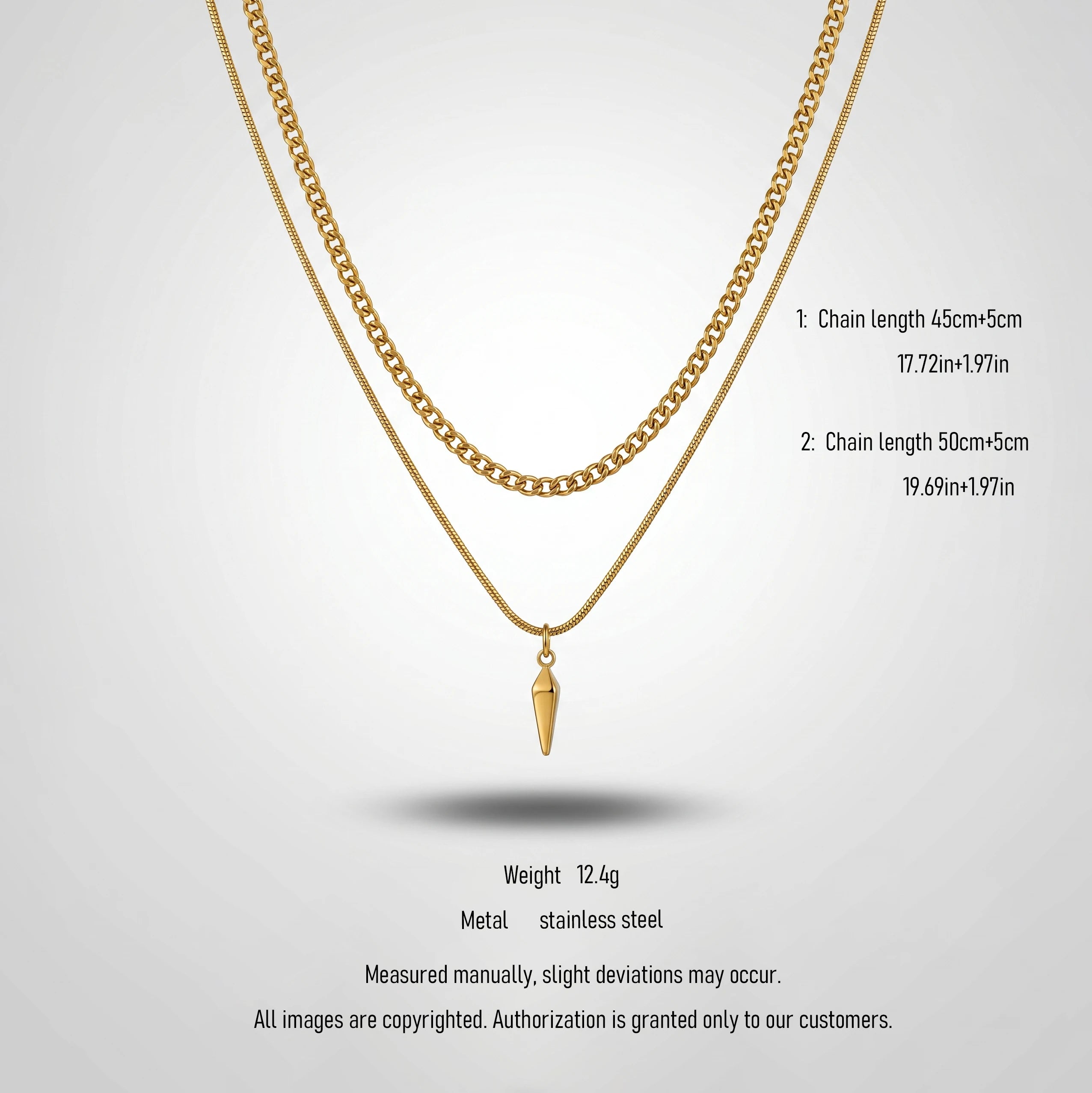 QIAOREN 10794 Layered Chain Spike Pendant Necklace 18K Gold Plated Stainless Steel Waterproof Non-Tarnish Unisex Gift Jewelry