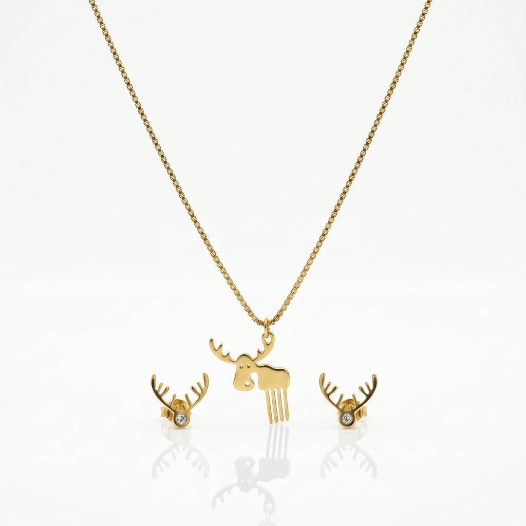QIAOREN 11878 Waterproof Cute Moose Jewelry Set 18K Gold Stainless Steel Pendant Necklace Matching Antler Stud Earrings