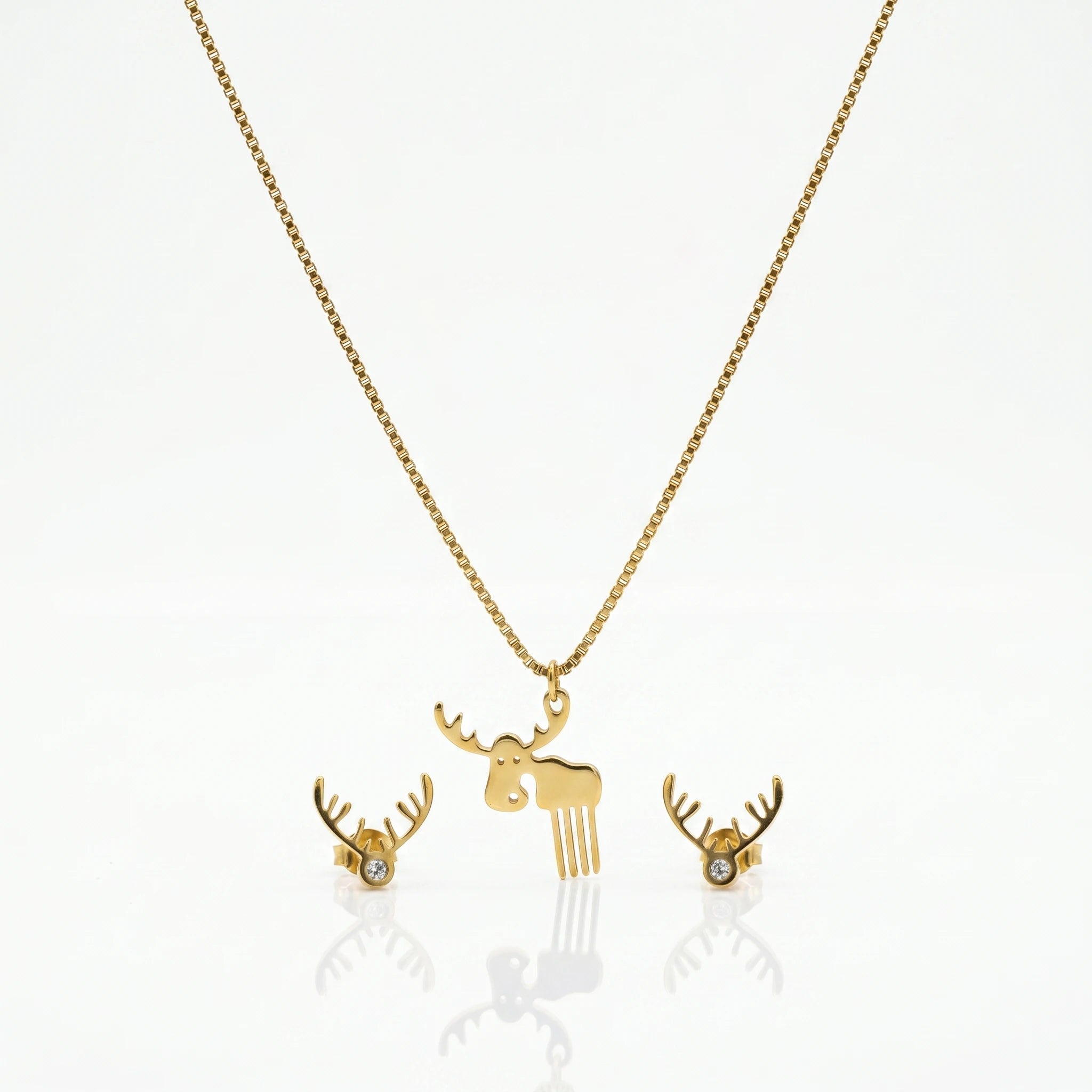 QIAOREN 11878 Waterproof Cute Moose Jewelry Set 18K Gold Stainless Steel Pendant Necklace Matching Antler Stud Earrings