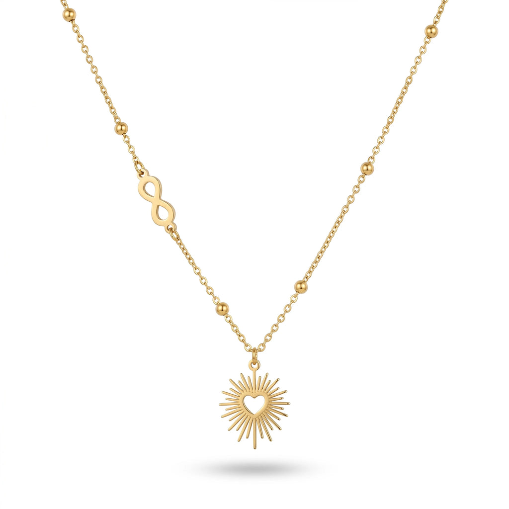 QIAOREN 13163  Gold Plated Infinity Heart Sunburst Pendant Necklace Stainless Steel Beaded Chain Fashion Jewelry for Women