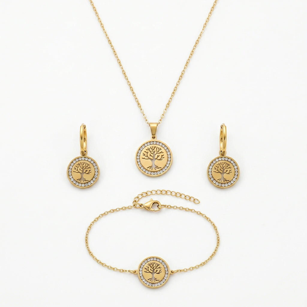 QIAOREN 11585 Waterproof 18K Gold Plated Stainless Steel Tree of Life Jewelry Set for Women Daily Wear 3 Piece