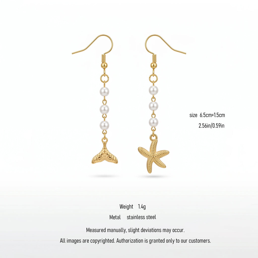 QIAOREN 10831 Waterproof Stainless Steel Ocean Theme Earrings Gold Plated Pearl Beach Jewelry