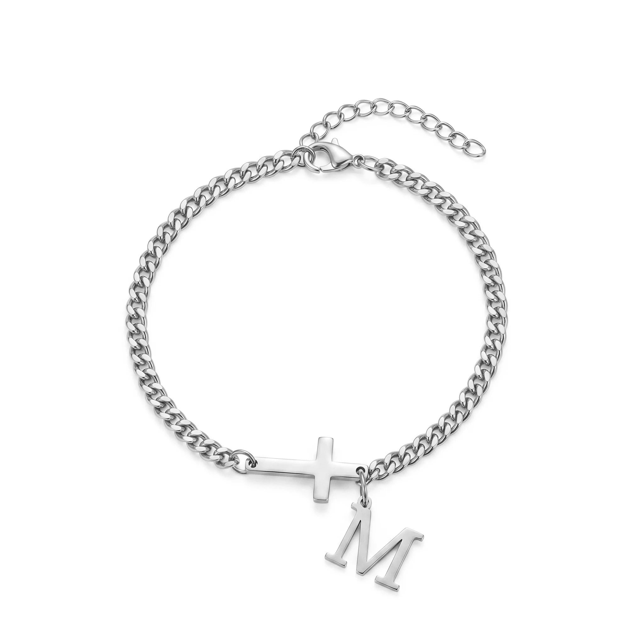 QIAOREN 11416 18K Gold Plated Side Cross & Initial Letter Anklet Stainless Steel Tarnish Free Waterproof