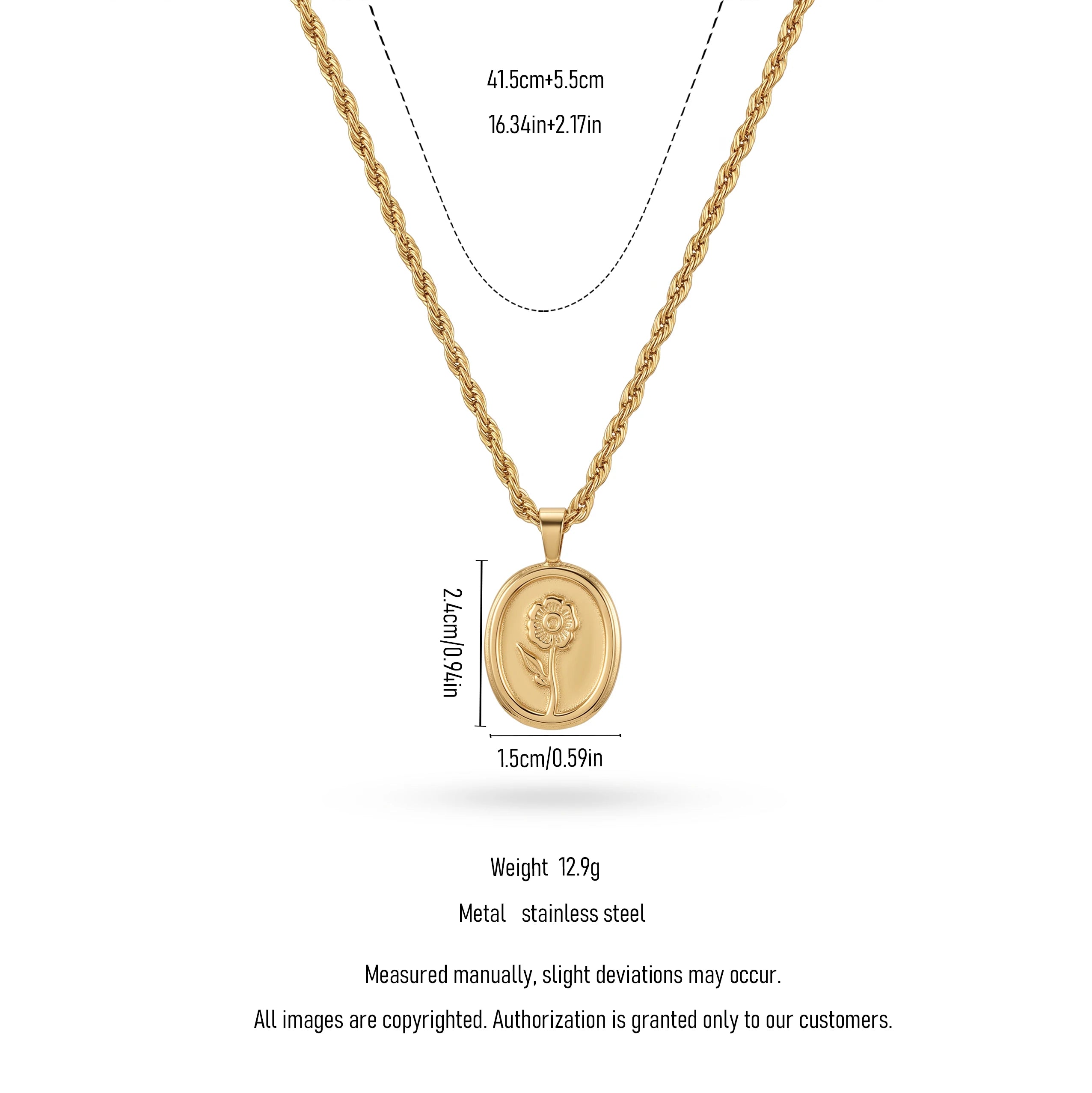 QIAOREN 13989 Twist Rope Chain Oval Embossed Flower Coin Pendant Necklace, Polished Gold Vintage Floral Medallion Collar