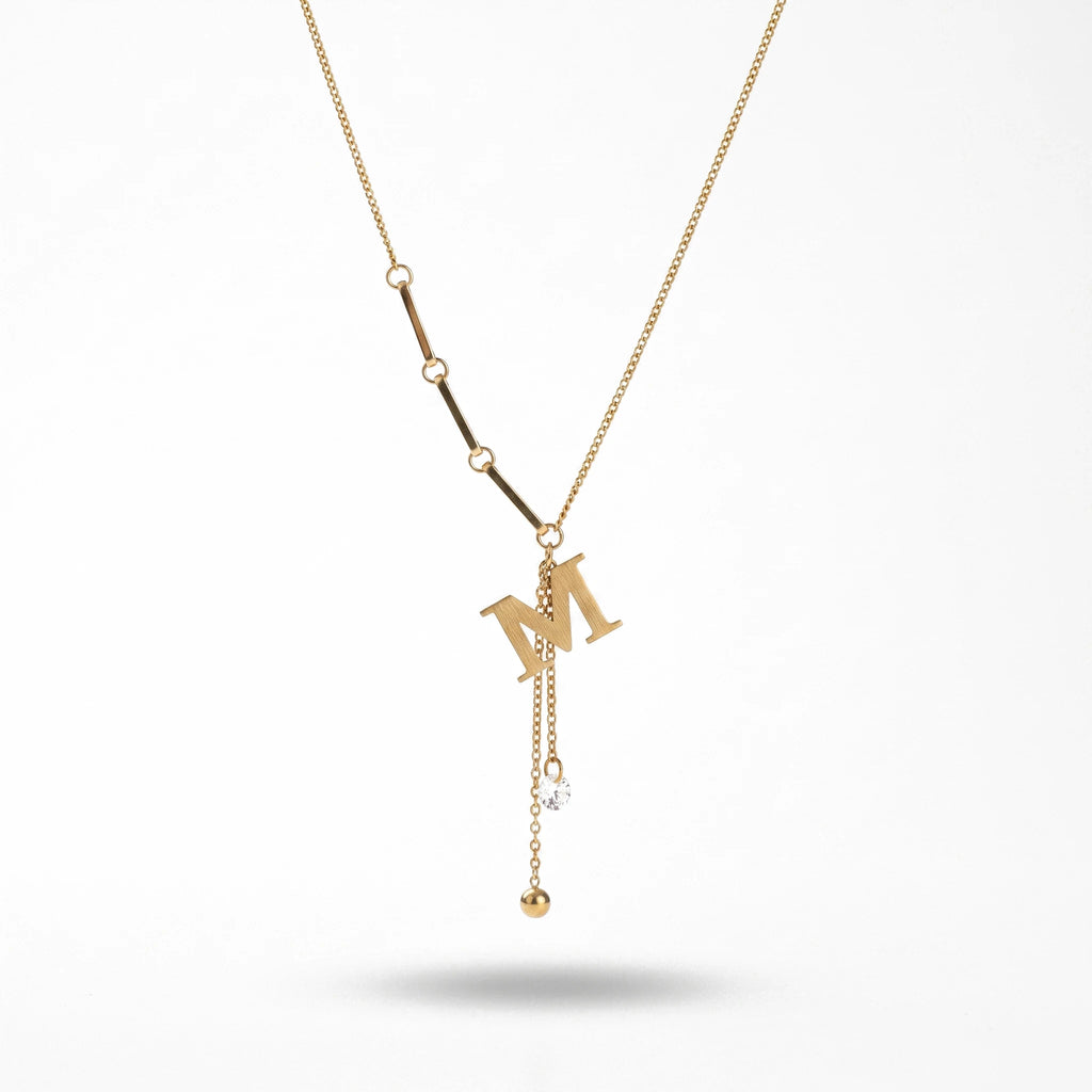 QIAOREN 13991 Mixed Link Y Drop Lariat Necklace with Matte Letter M Charm, Round Bezel Set CZ and Smooth Ball Ends