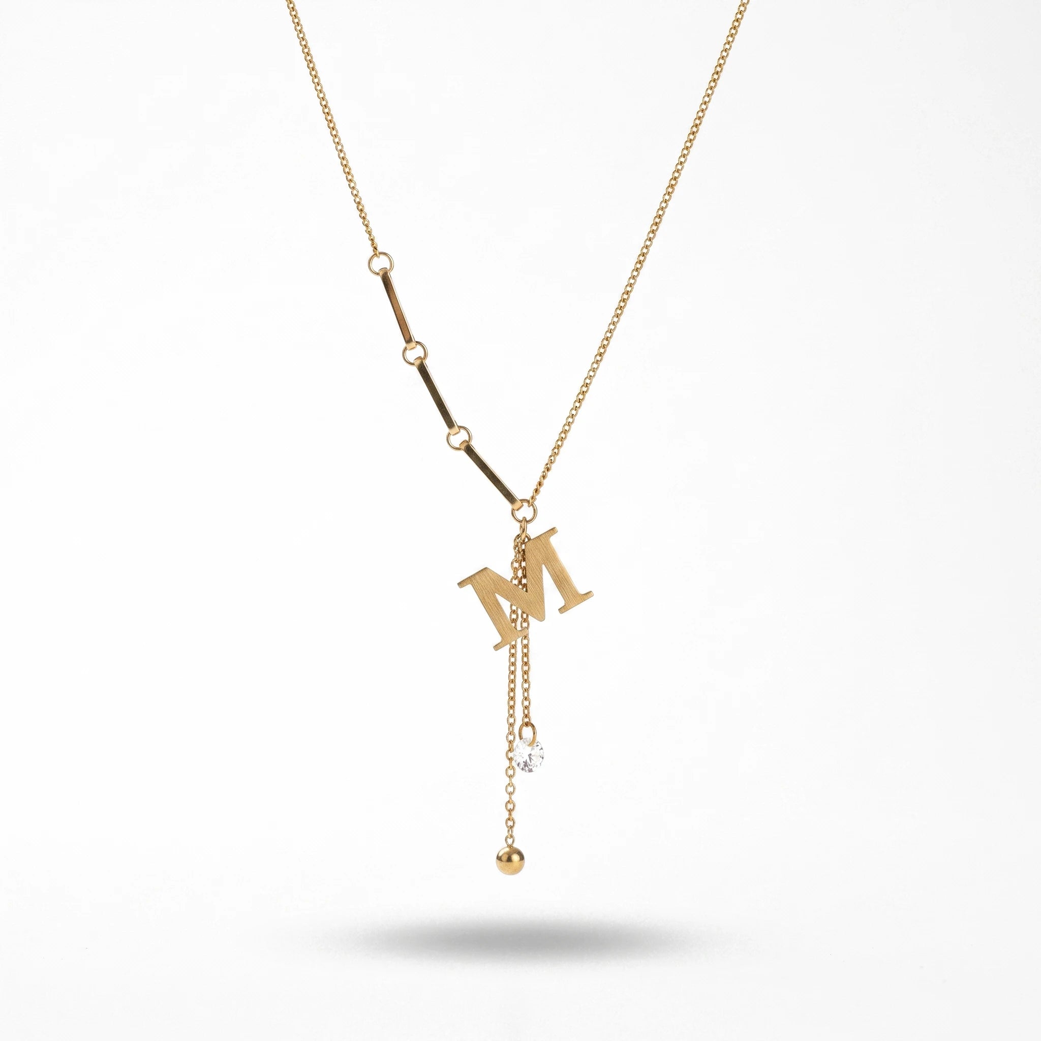 QIAOREN 13991 Mixed Link Y Drop Lariat Necklace with Matte Letter M Charm, Round Bezel Set CZ and Smooth Ball Ends