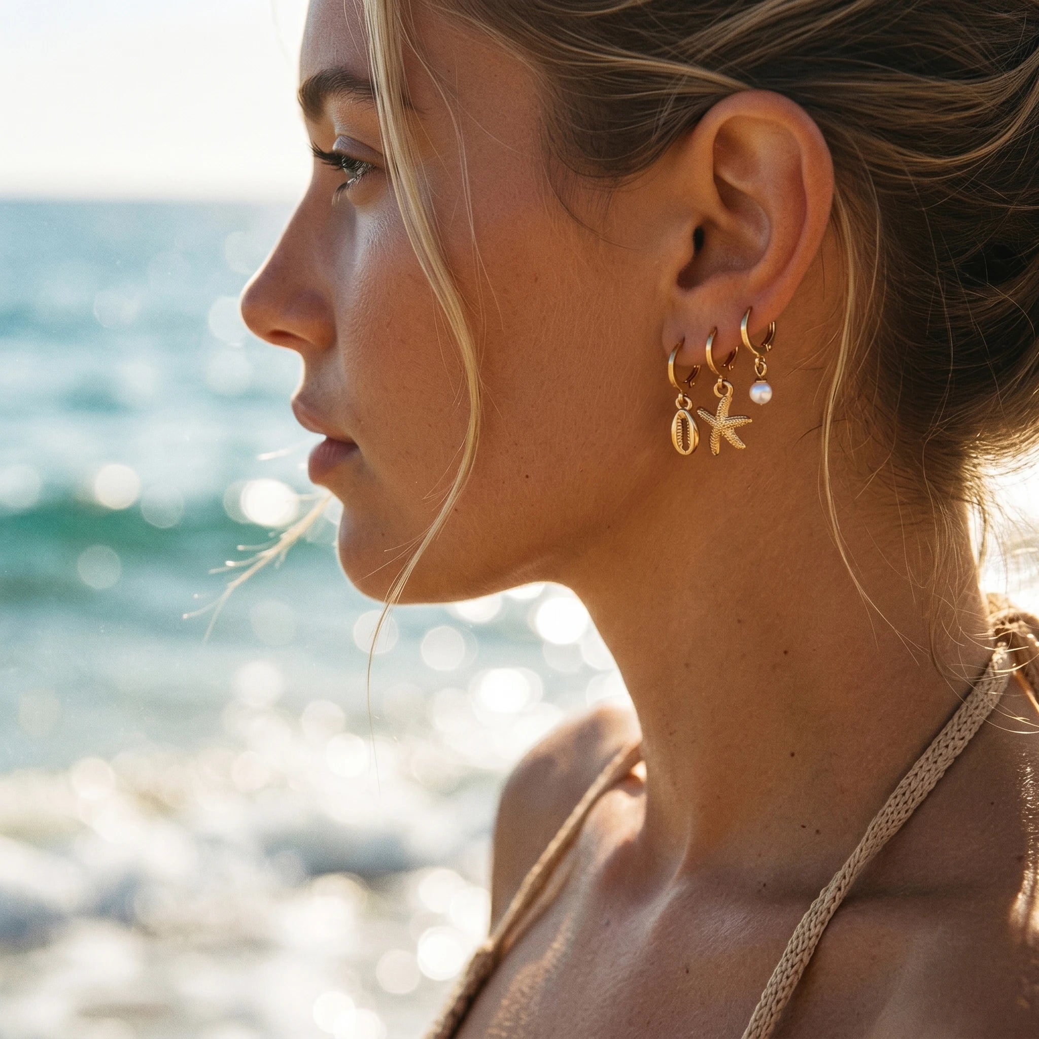 QIAOREN 11849 3Pcs Ocean Huggie Hoop Earrings Set Stainless Steel Gold Cowrie Shell Starfish Pearl Dangle Jewelry for Women US