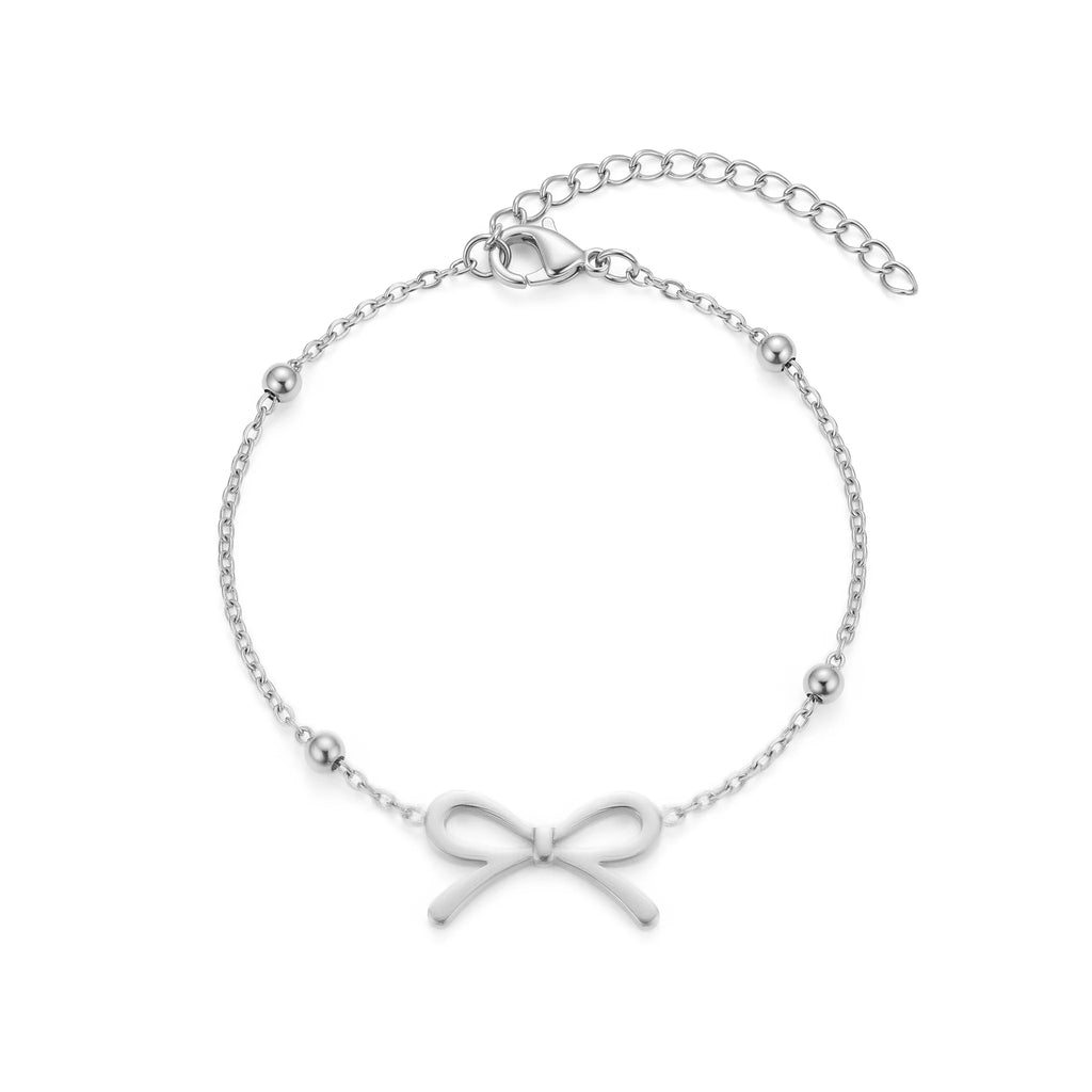 QIAOREN 11418 18K Gold Plated Bow Charm Bracelet With Ball Beads Stainless Steel Tarnish Free Waterproof Jewelry