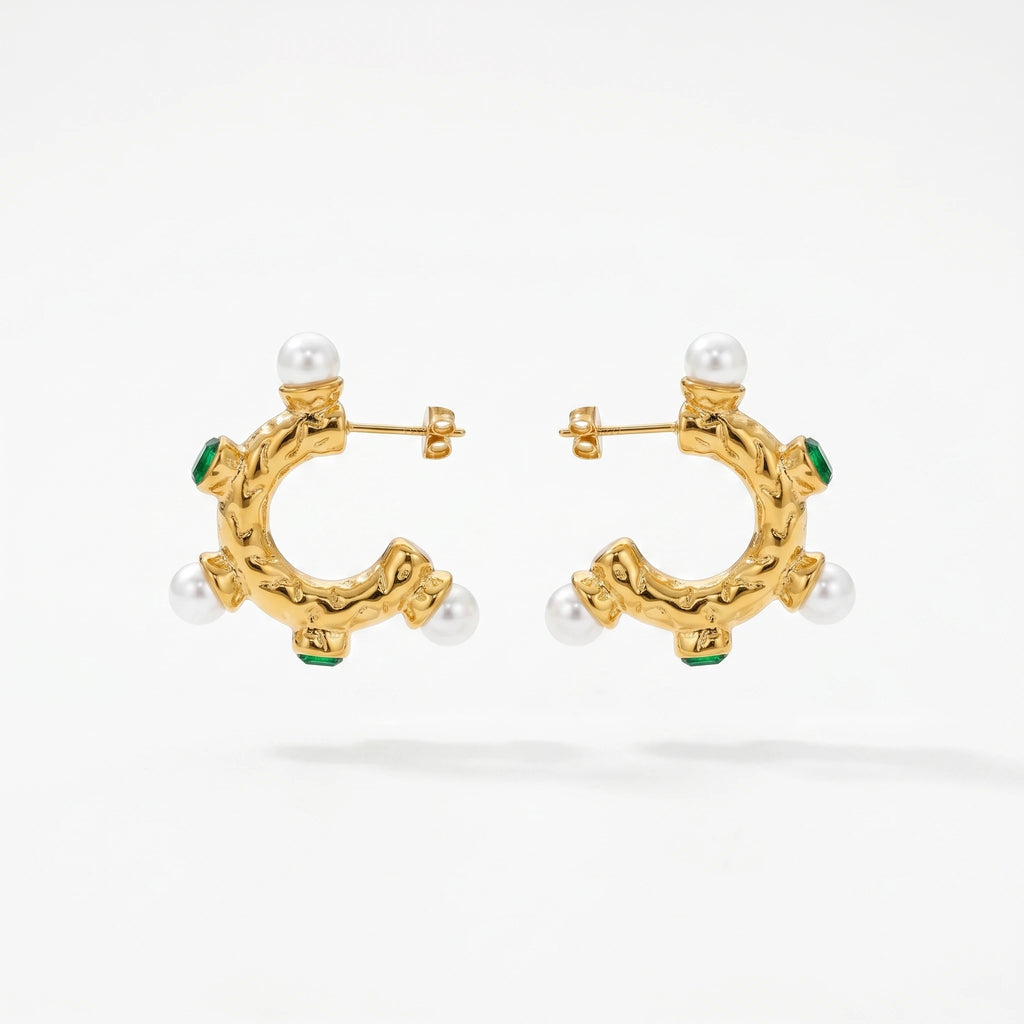 QIAOREN 12509 Elegant Quiet Luxury Molten Pearl Emerald Green Zircon Hoops Stainless Steel Vintage Statement