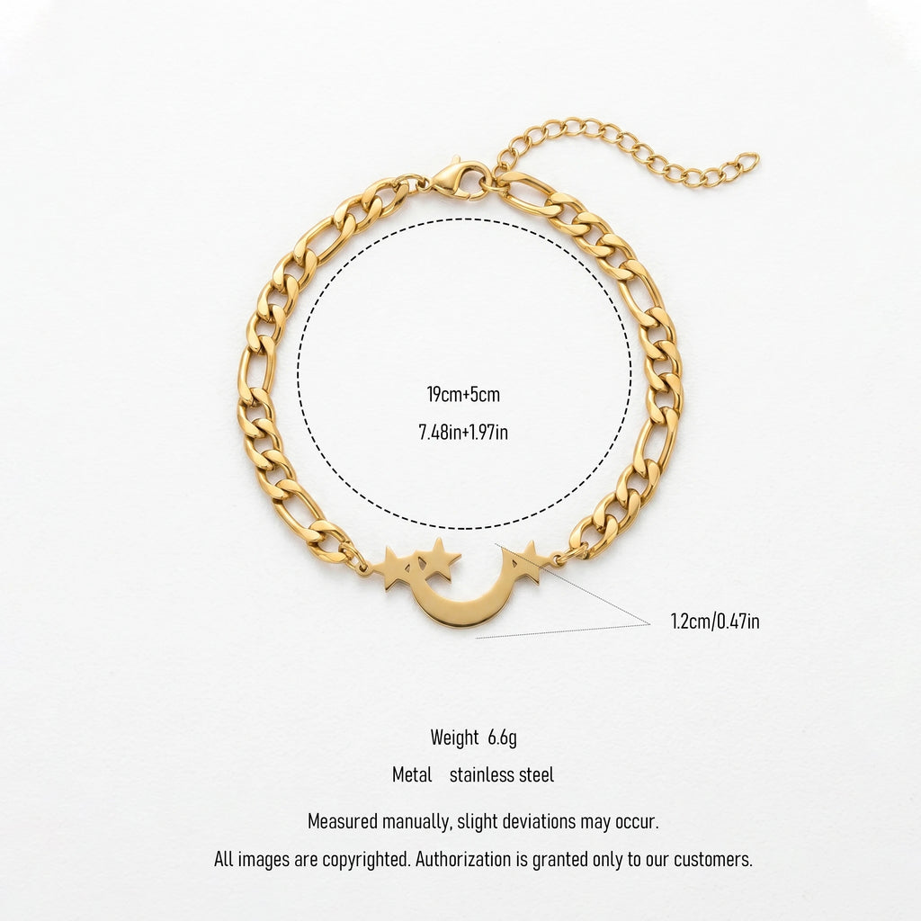 QIAOREN 11734 Tarnish Free 18K Gold Stainless Steel Moon & Star Anklet Cuban Chain Adjustable Foot Chain
