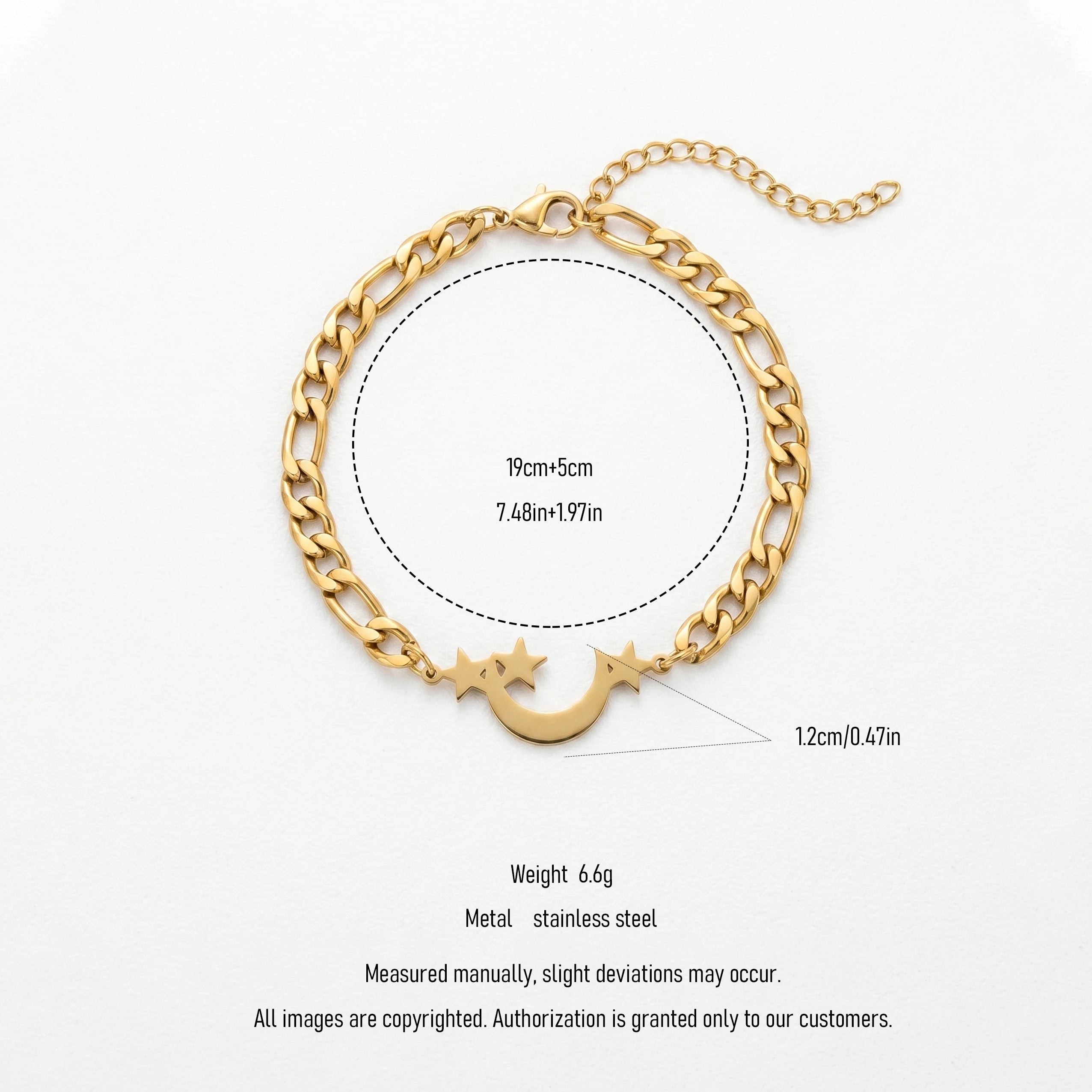 QIAOREN 11734 Tarnish Free 18K Gold Stainless Steel Moon & Star Anklet Cuban Chain Adjustable Foot Chain