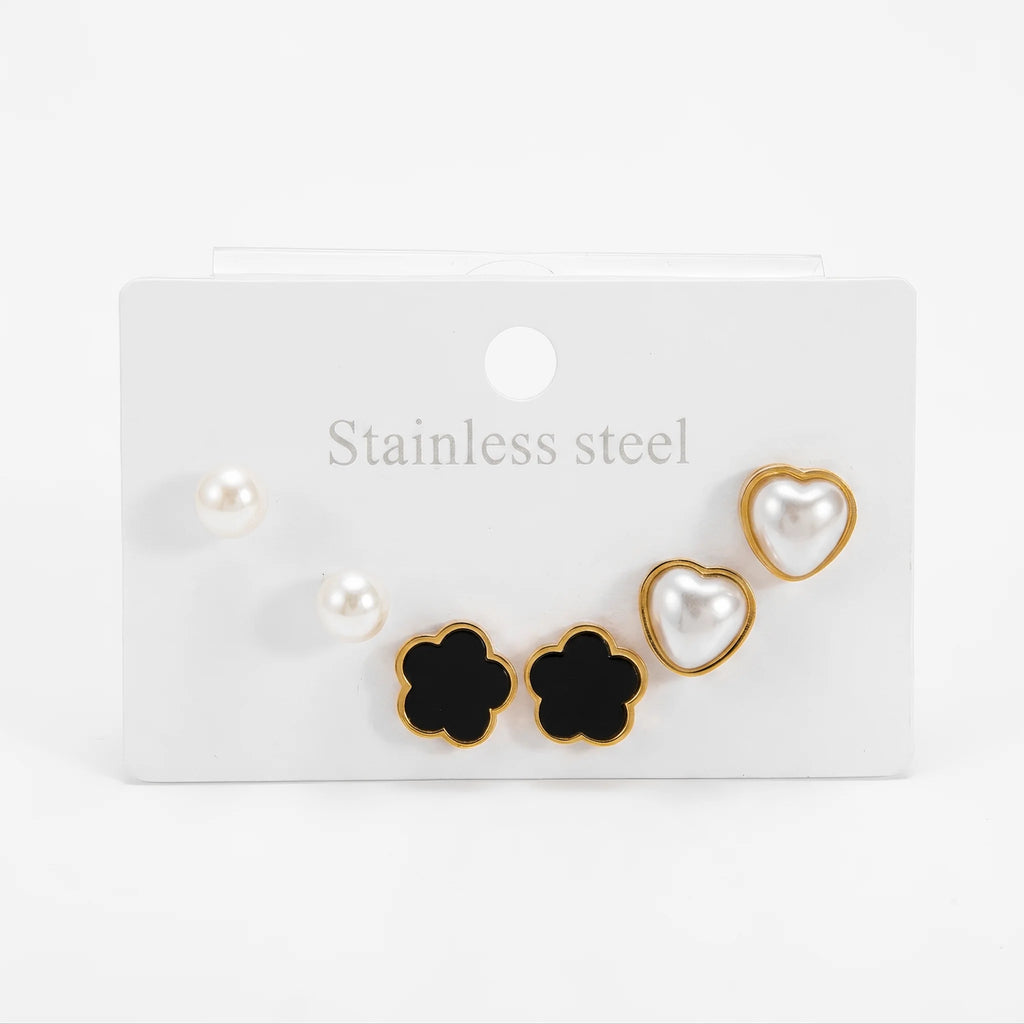 QIAOREN 14460 3 Pair Gold Stainless Steel Stud Earrings Set, Black Clover & Heart Pearl Studs for Daily Jewelry