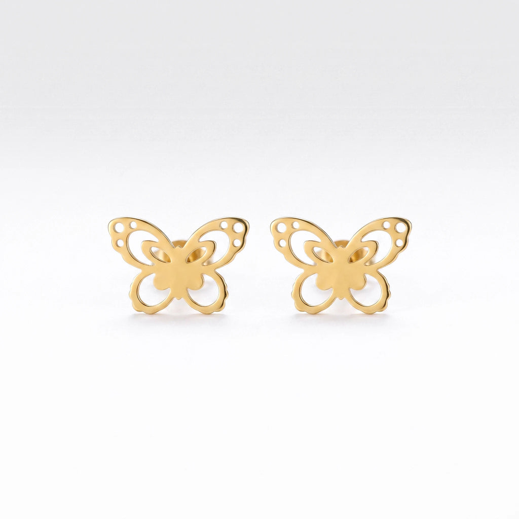QIAOREN 13252 3 PCS Set 18K Gold Plated Stainless Steel Butterfly & CZ Stud Earrings Set Hollow Solid Butterfly Round Zircon