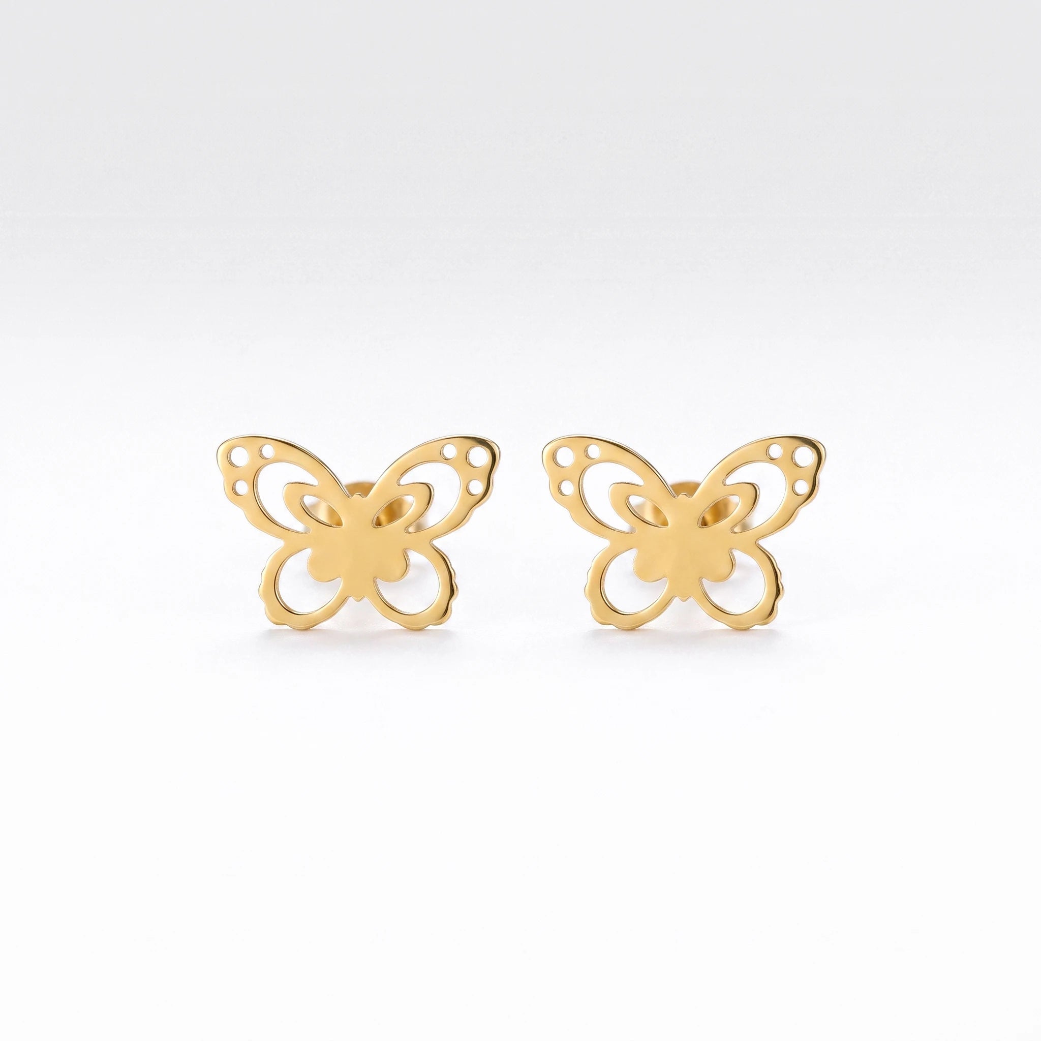 QIAOREN 13252 3 PCS Set 18K Gold Plated Stainless Steel Butterfly & CZ Stud Earrings Set Hollow Solid Butterfly Round Zircon