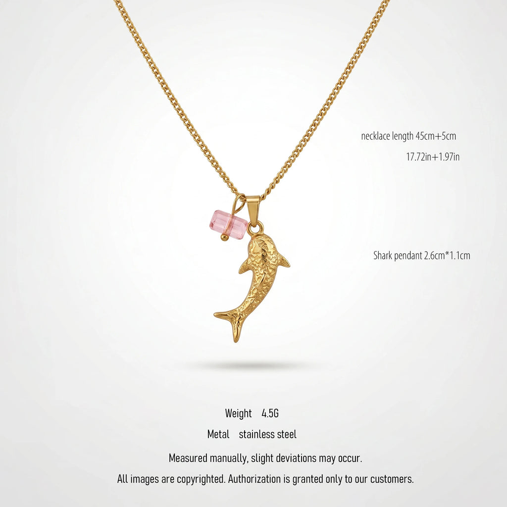 QIAOREN Trendy Shark Pink Pendant Necklace Unisex 18K Gold Stainless Steel Link Chain Hypoallergenic Fashion Jewelry Wholesale